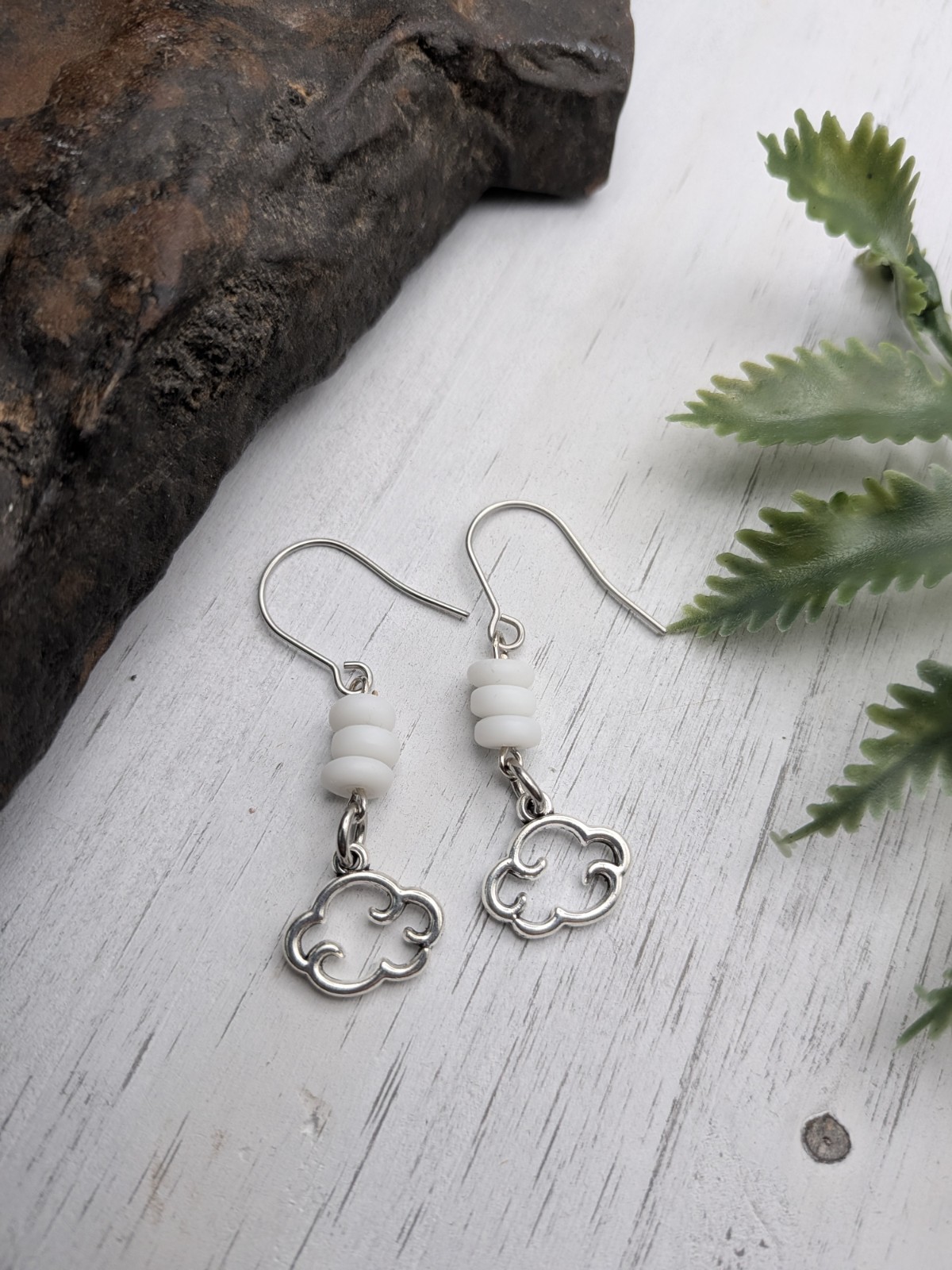 Cloud Earrings, Simple White Beaded Earrings