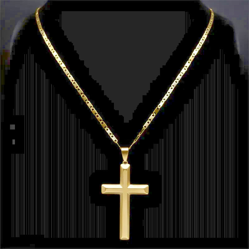 Gold Tone Cross Pendant Necklace with Geometric Link Chain – Unisex 30g- 22 inch