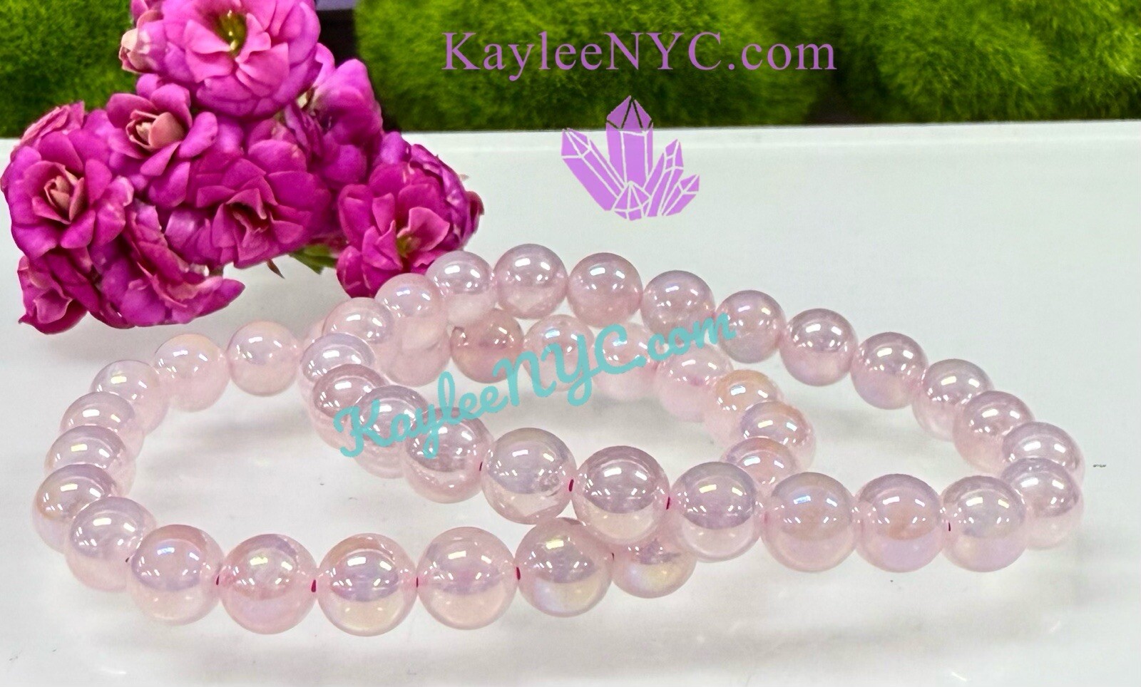 Wholesale 6 Pcs Aura Rose Quartz 8mm 7.5” Crystal Healing Stretch Bracelet