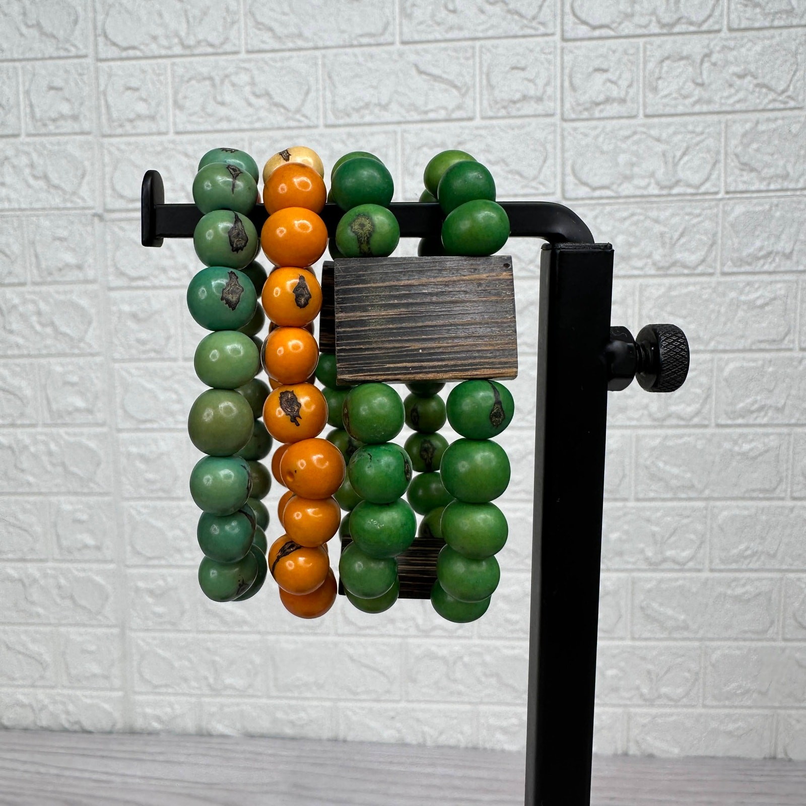 Set of 3 Lucky Wooden Beads Bracelet Orange Green Elastic Fashion Protection