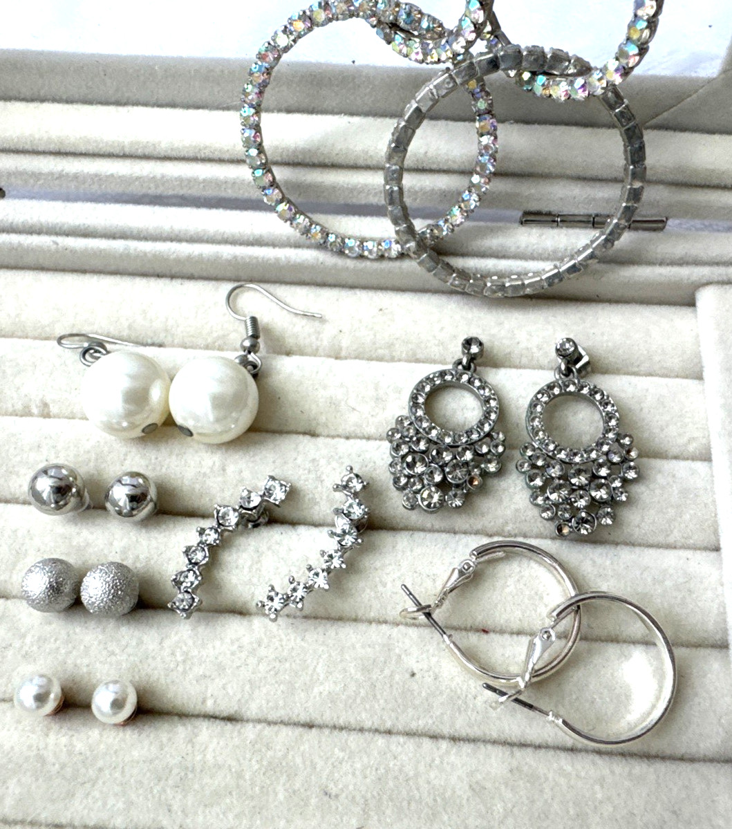 y2k 1990s STATEMENT Boho iridescent silver pearl glam career 8 pair Earrings Lot