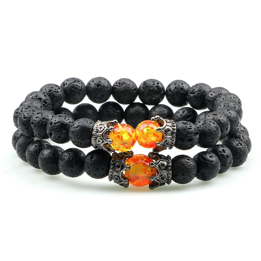 Handmade Adjustable Braided Bracelet Black Lava Stone Crown Tiger Eye Beads