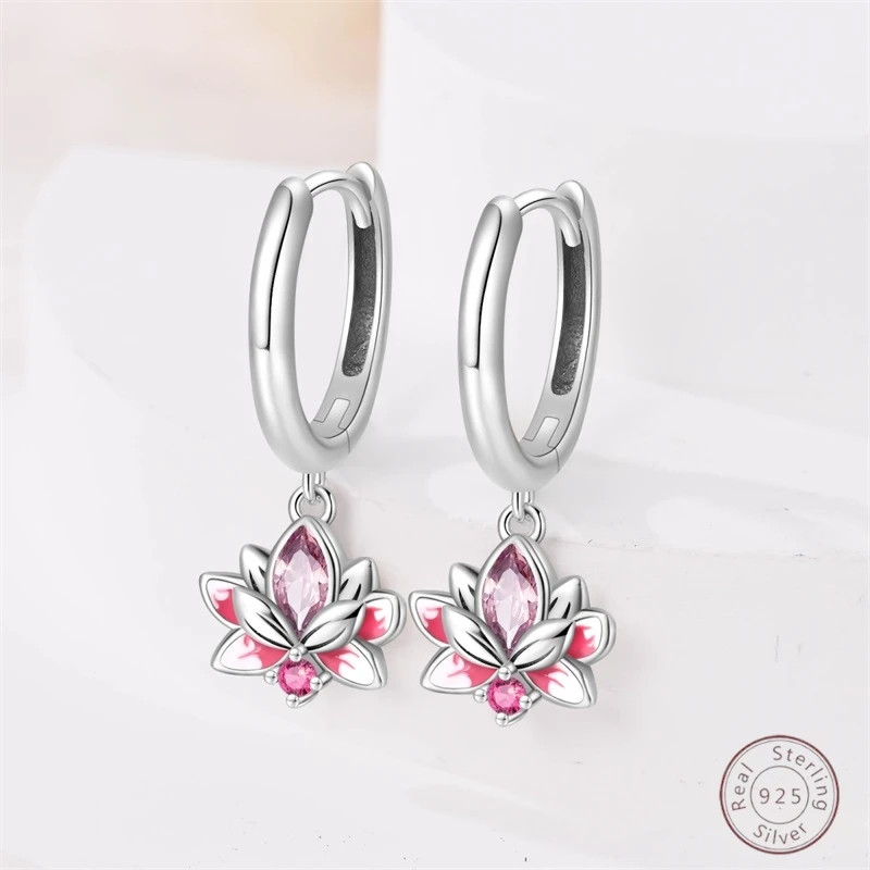 925 Sterling Silver Lotus Zircon Drop Earrings Women Wedding Classic Jewelry