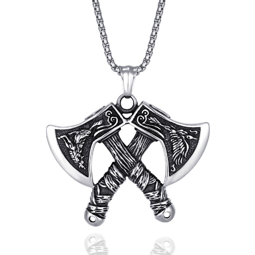 Silver Norse Viking Double Wolf Raven Axe Pendant Necklace Chain Men’s Jewelry