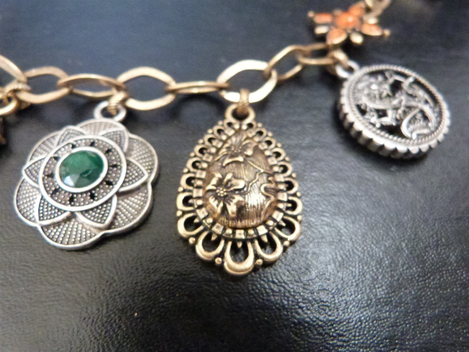 Lucky Brand jewelry lot charm bracelet Asian inspired floral dragon peace sign