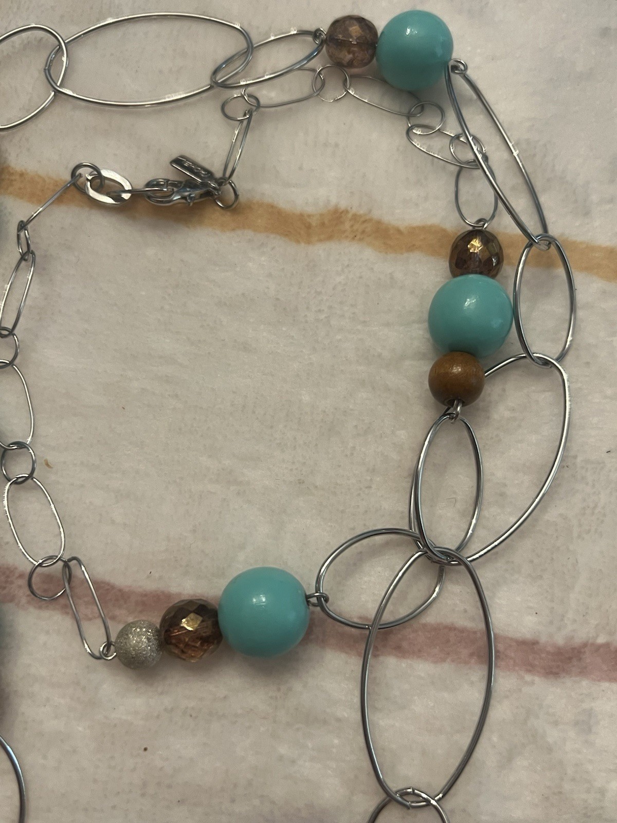 Silver Tone Oval Link Chain Beaded Necklace Blue & Brown Round Beads Lobster