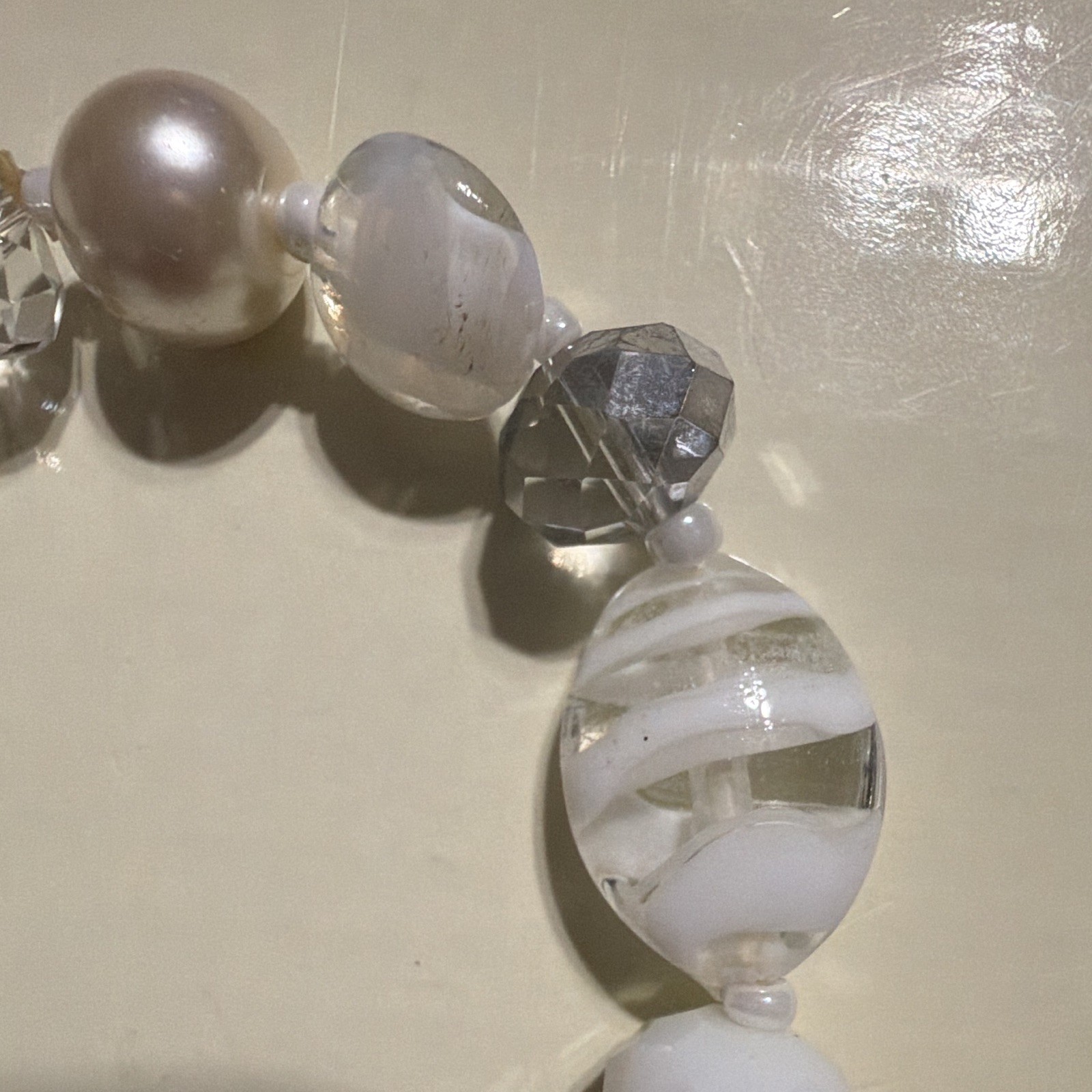 Silver Tone White Clear Glass Beaded Stretch Bracelet Oval Beads Elastic