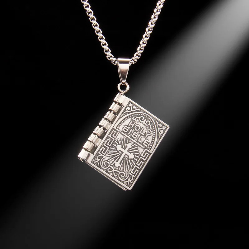 Gothic Style Religious Bible Men’s Necklace Alloy Steel Vintage Flipped Bible