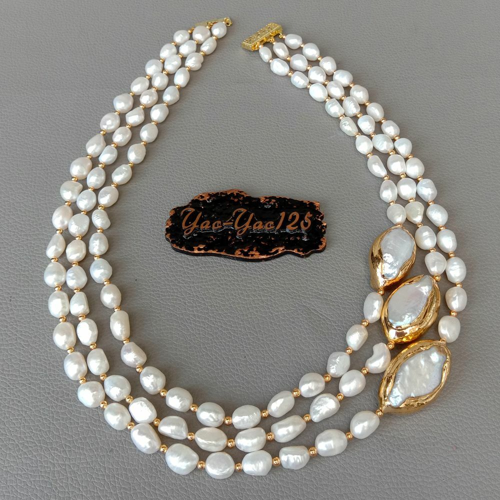 3 rows Cultured Baroque Pearl Necklace Keshi Pearl Gold Plated Connector 20″