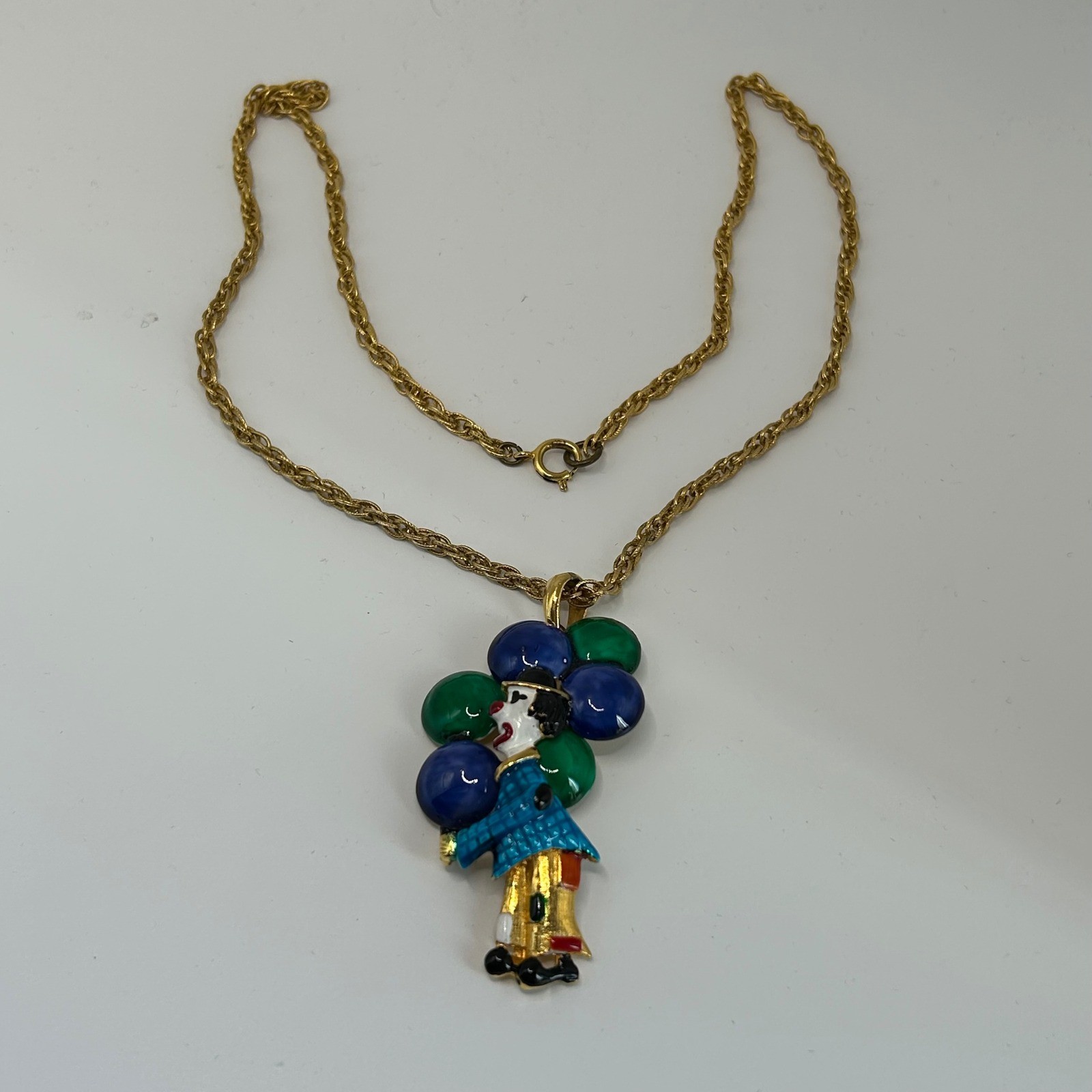 Vintage Enamel Clown Balloons Pendant Necklace Gold Tone Blue Red Green Circus
