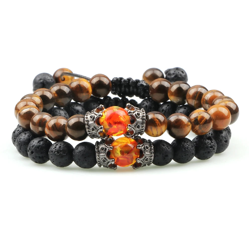 Handmade Adjustable Braided Bracelet Black Lava Stone Crown Tiger Eye Beads