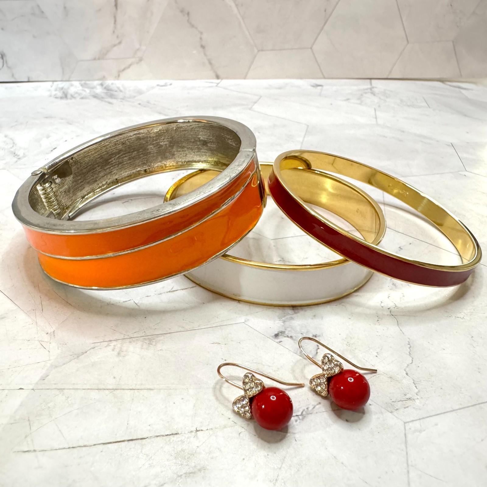 Bangle Lot Monet Gold Tone Red White Orange Enamel Earrings Signed & Unsigned