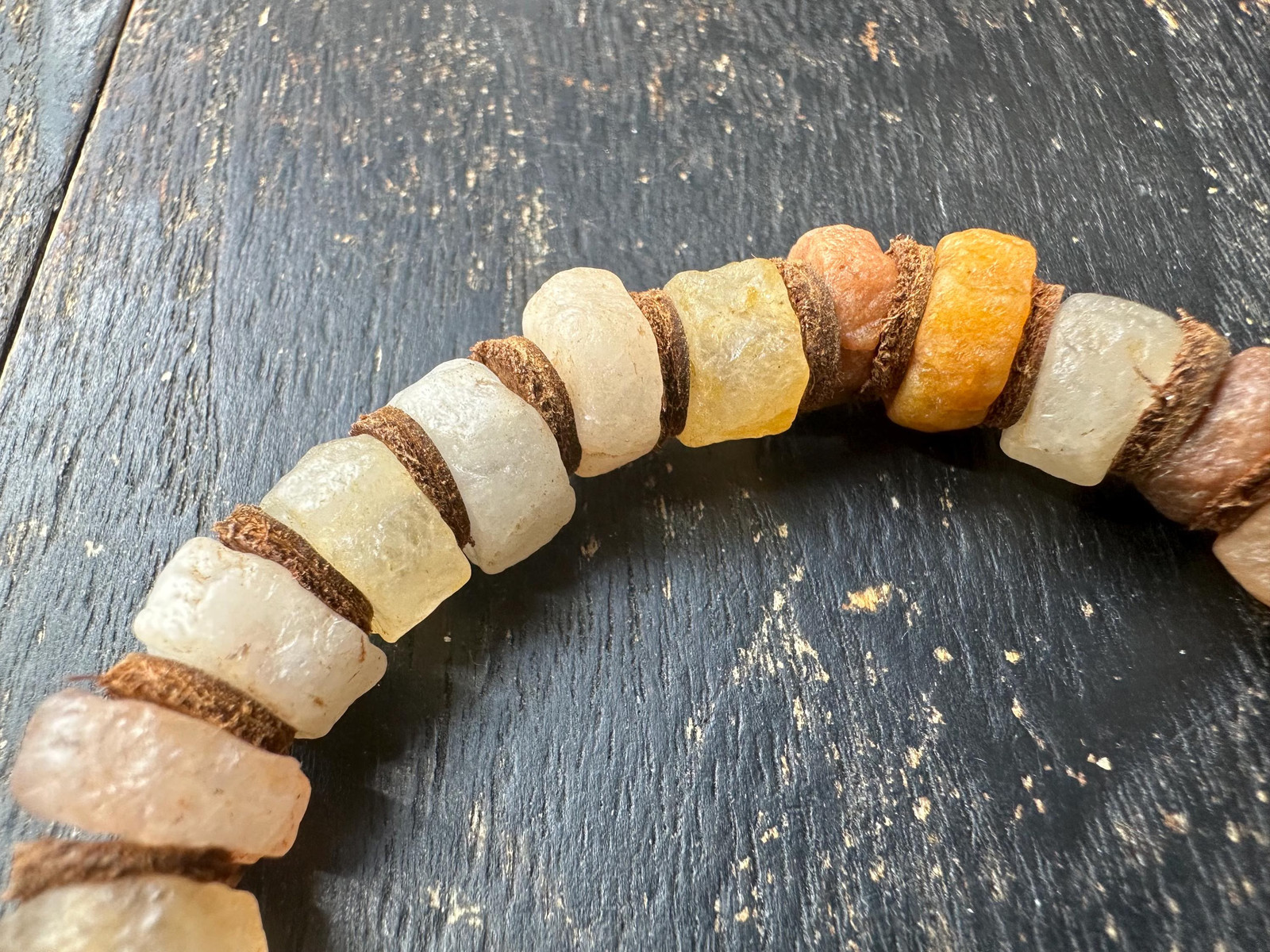 Ancient Mali Quartz Disk Bead Bracelet – African Trade Beads with Leather Space