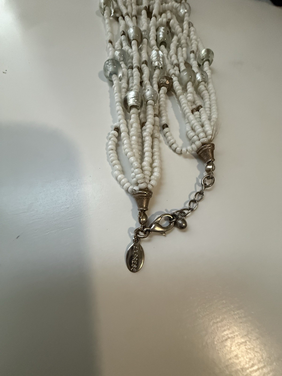 White & Silver Multi-Strand Glass Beaded Statement Necklace, Lobster, Adj.