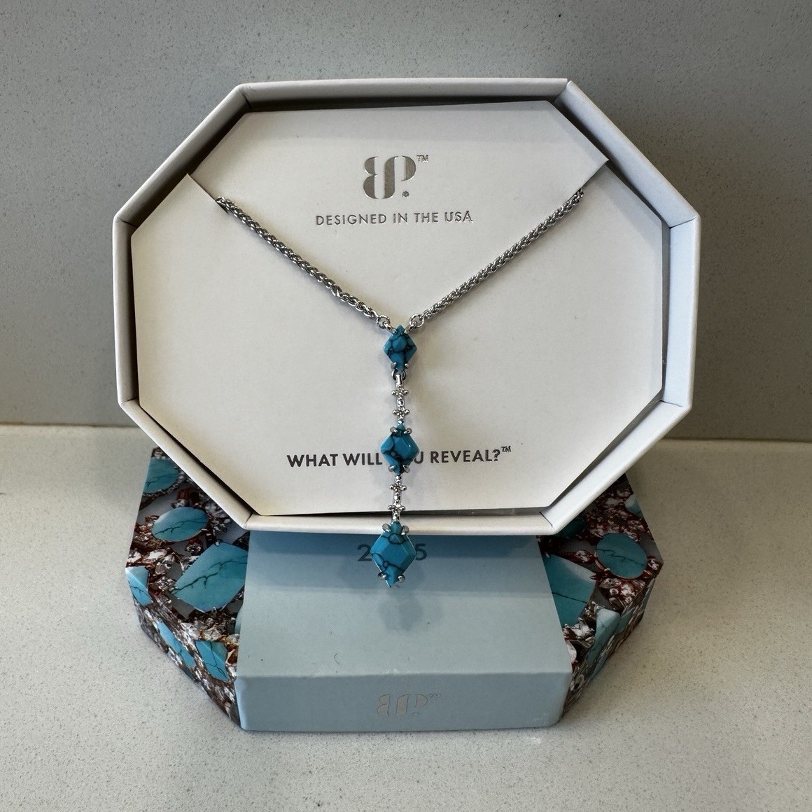 BP Turquoise Magnesite Pendant Necklace Rhodium Plated Blue 18″+2.5″ Extender