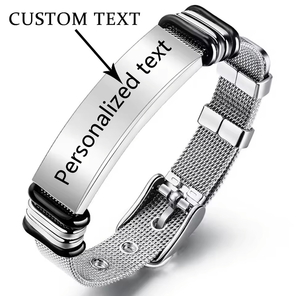 Custom Engraved Name Bracelet Personalized Text Jewelry Stainless Steel Silver