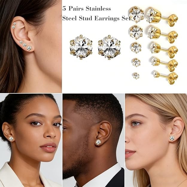 5 Pairs Stainless Steel Stud Earrings Set Silver 14K Gold Plated Stud Earrings 3