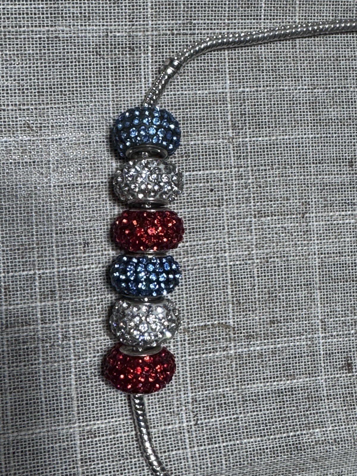 Silver Snake Chain Necklace & bracelet with red, white & blue beads