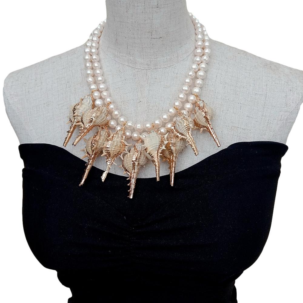 2 Strands Freshwater Cultured White Pearl Sea Shell Statement Necklace 18″