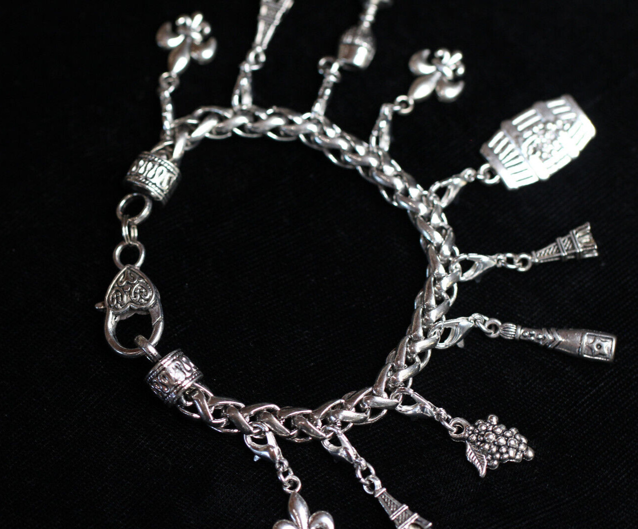 Paris Wine Lover Charm Bracelet Silver Pewter Charms 8″ Interchangeable Eiffel