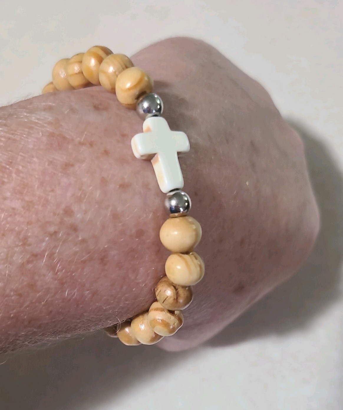 Unisex Wood Bracelet With Resin Cross With Elastic String