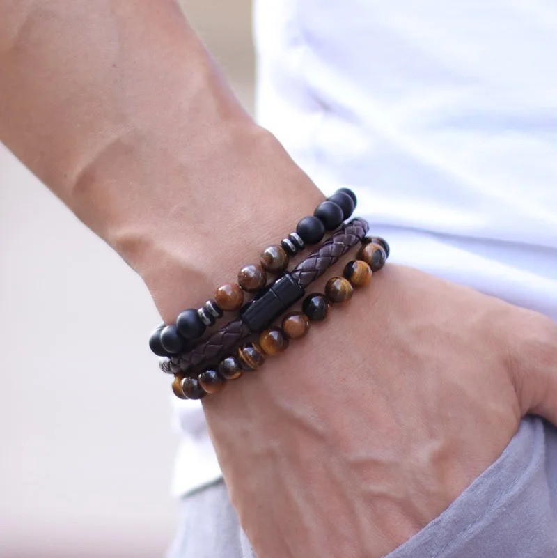 3pcs Men Bracelet Set Leather & 8mm Onyx Tiger Eye Stone Magnetic Clasp