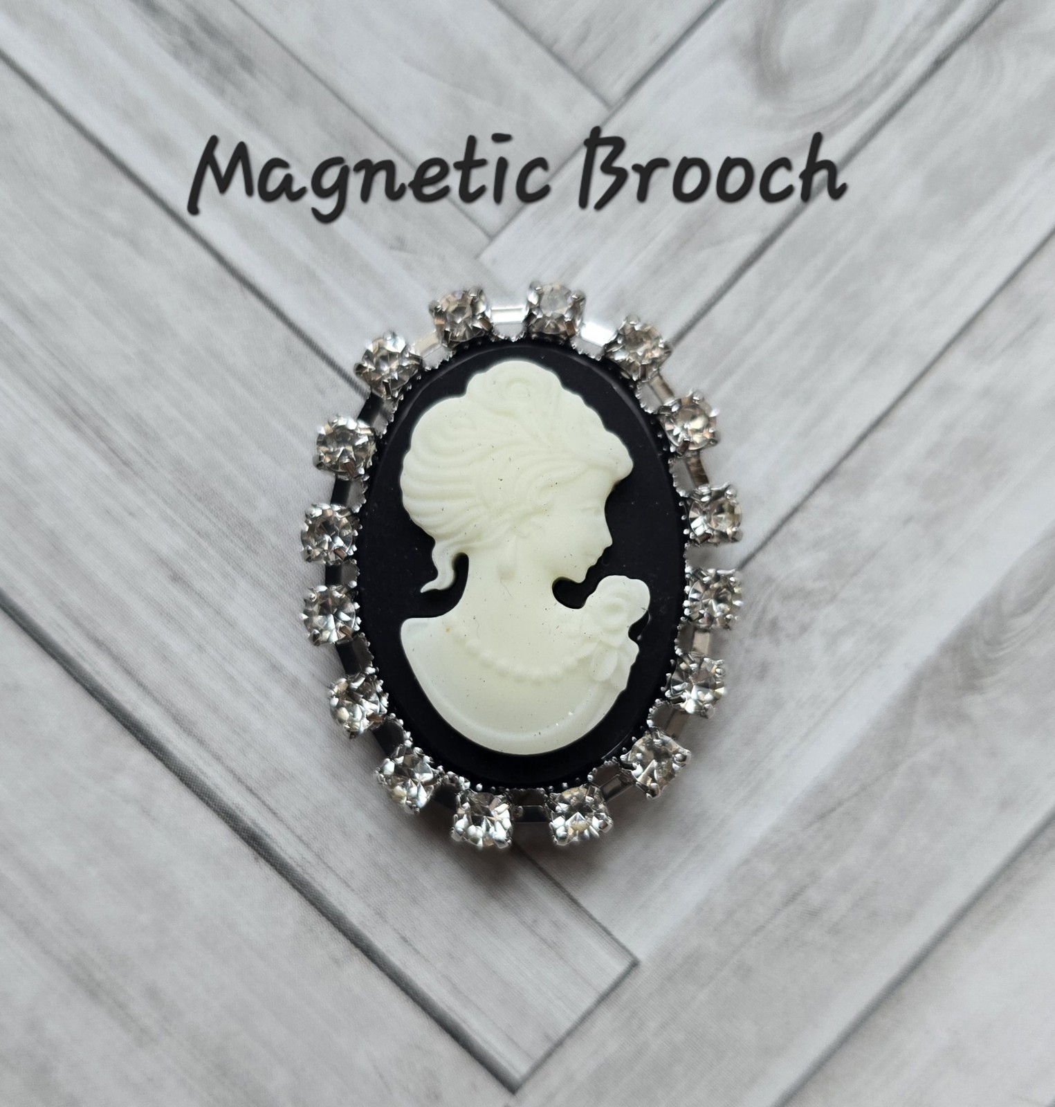 MAGNETIC Cameo Brooch, Black, Cream silver rhinestone framing. Victorian jewelry