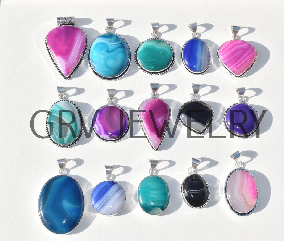 1-1000 Pcs Banded Agate Gemstone Handmade Pendant Lot Bulk: Silver Plated WH-5