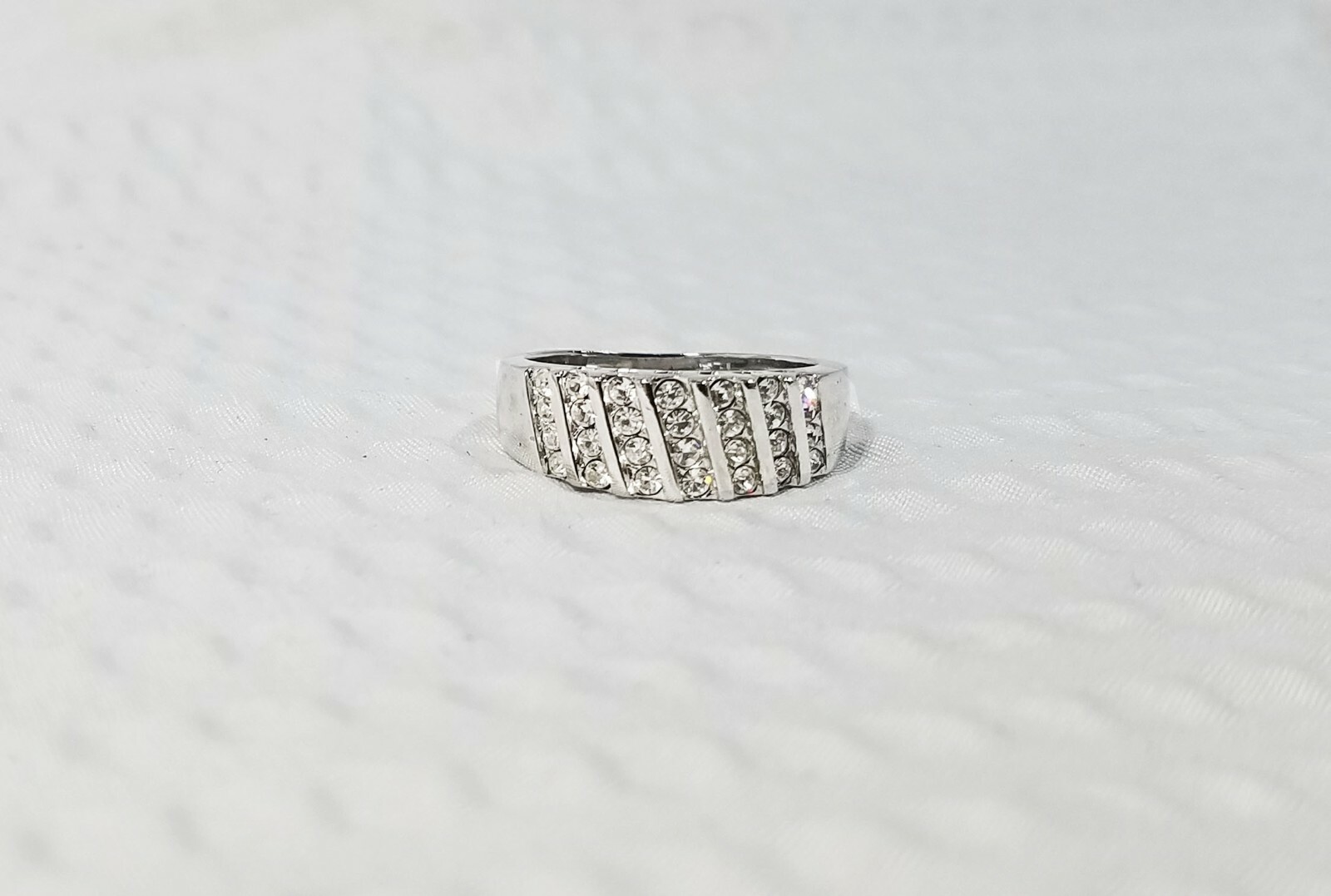 Channel-Set Austrian Crystal and Polished Silver Tone Band Ring