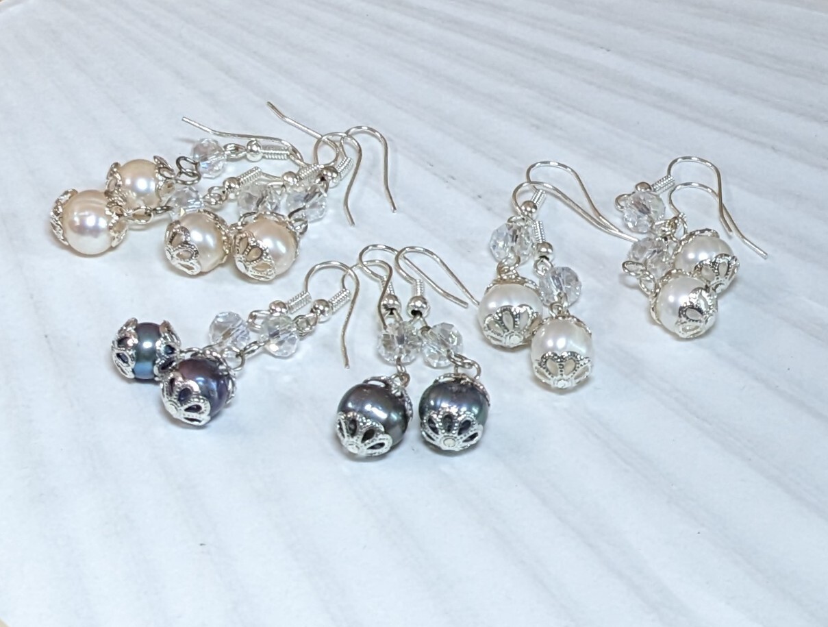 Freshwater Pearl Earrings Dangle 6 pairs White Pink Gray Elegant Everyday Wear