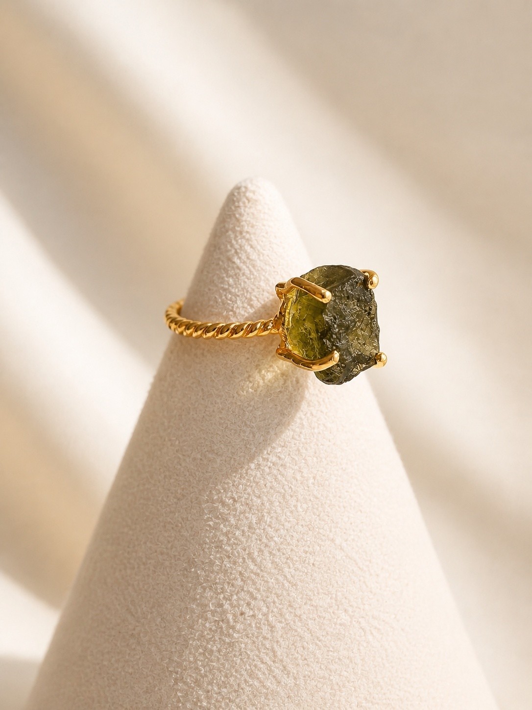 Natural Moldavite Ring 14K Gold Plated 925 Silver Adjustable Gift for Her