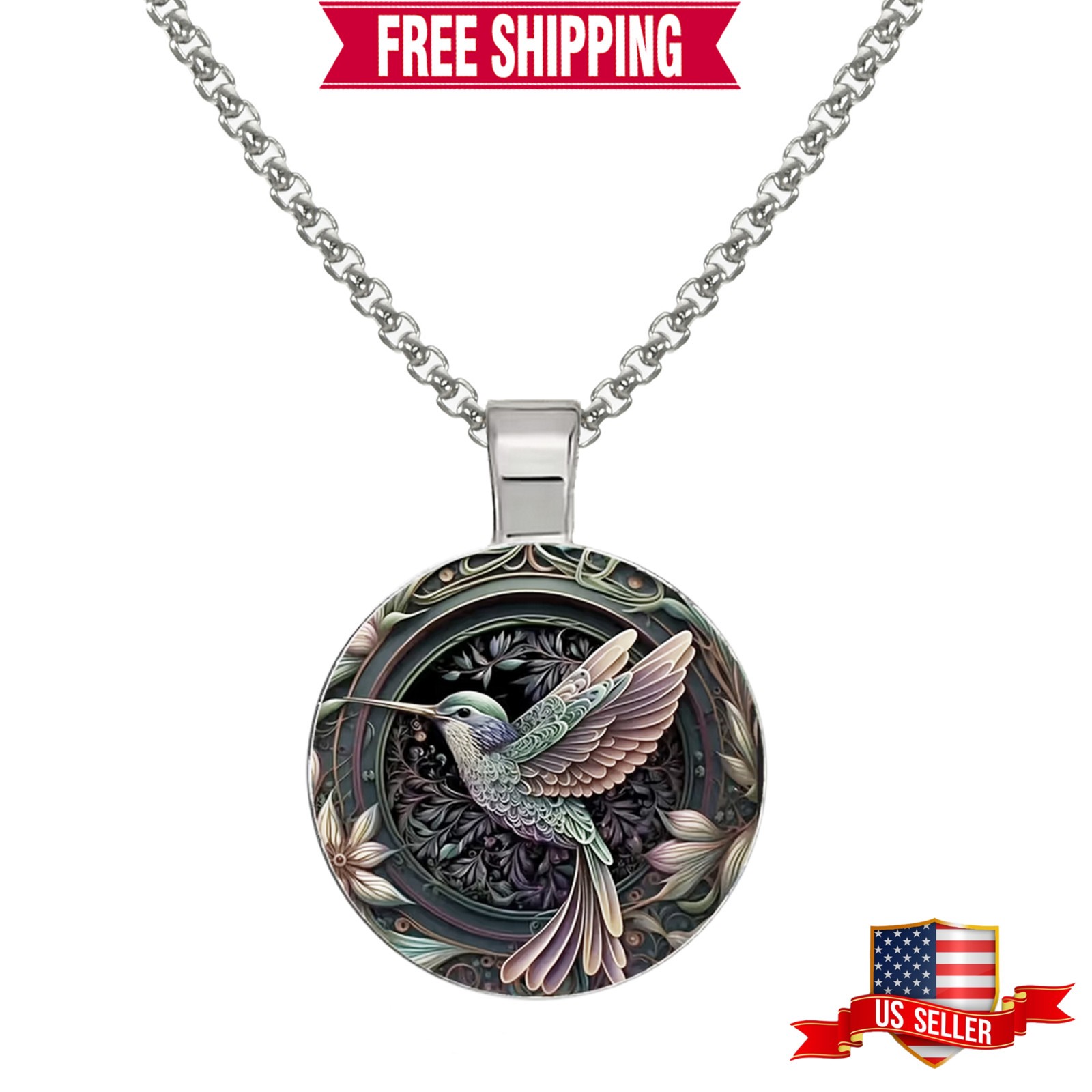 Intricate Blue Hummingbird Boho Pendant, Stainless Steel Necklace