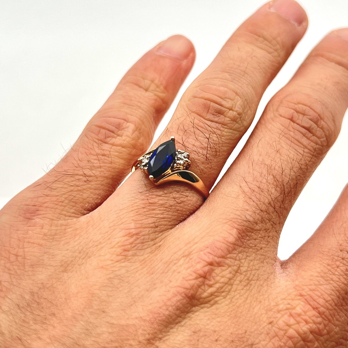 10k Yellow Gold Simulated Sapphire Marquise w/ Diamond Accents Ring Sz 7.25