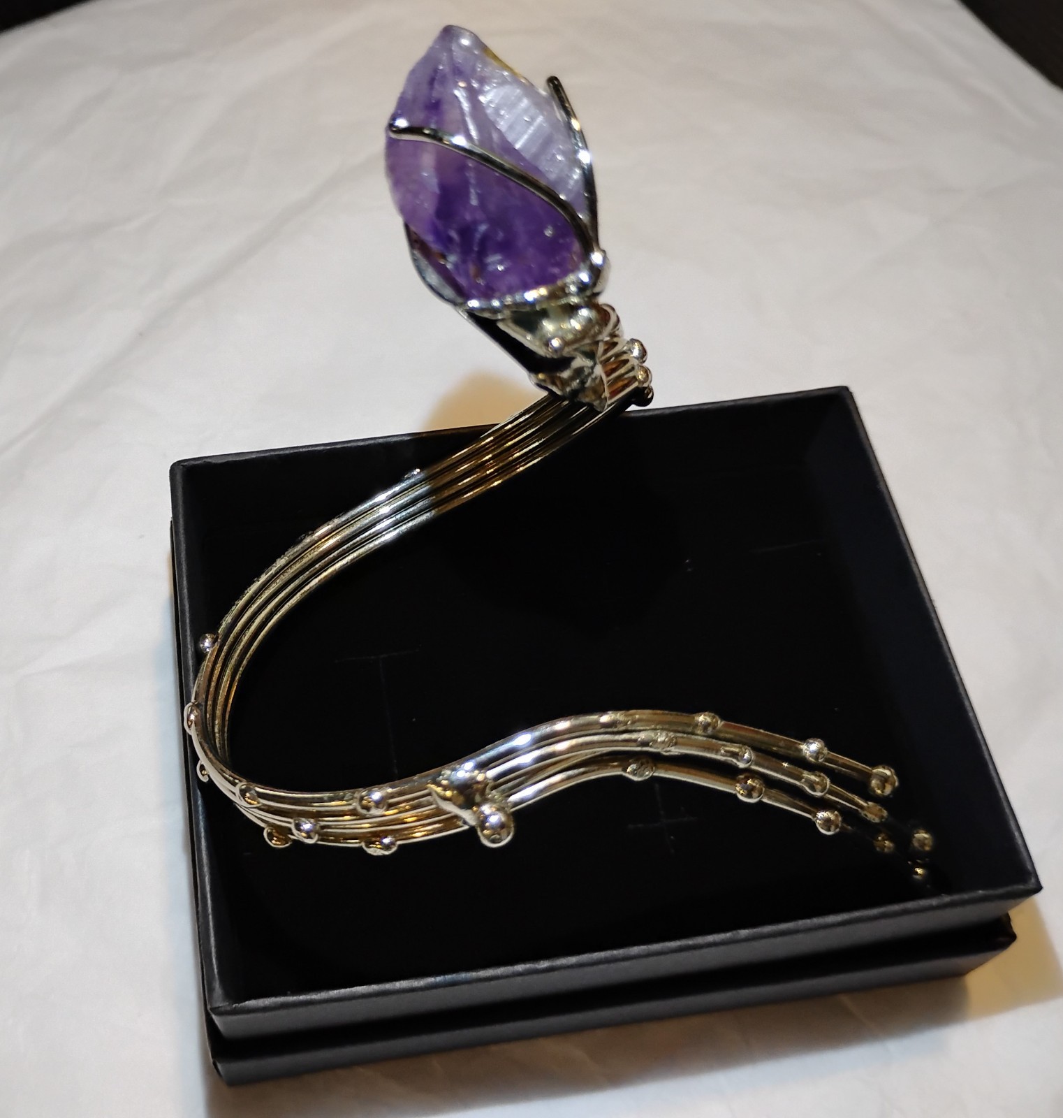 Raw Amethyst Point Silver Tone Brutalist Sculptural Wrap Bracelet