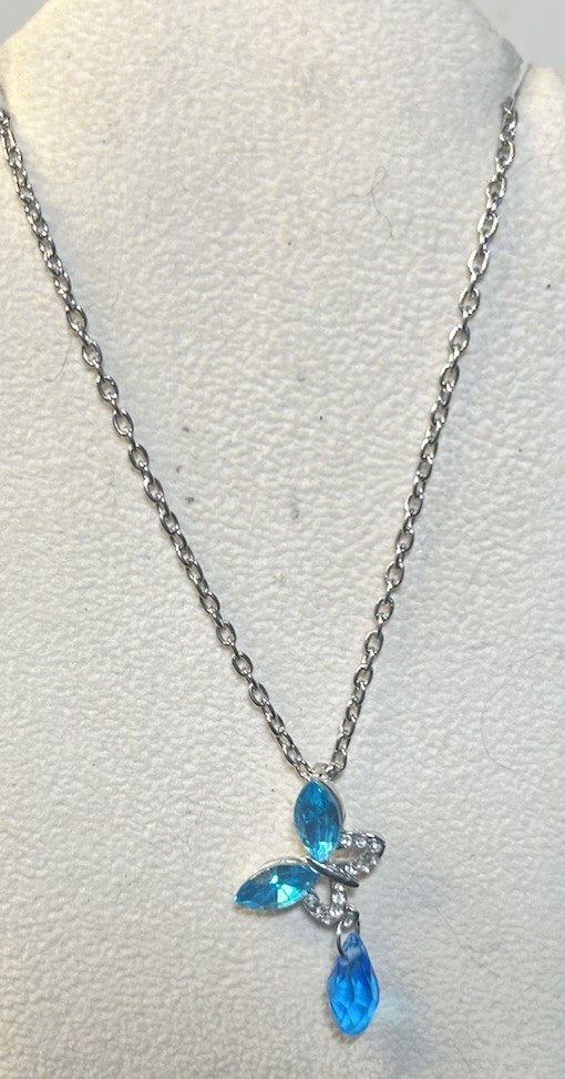 Aqua Butterfly With Dangle Gem Dainty Pendant, Silvertone Chain 20”