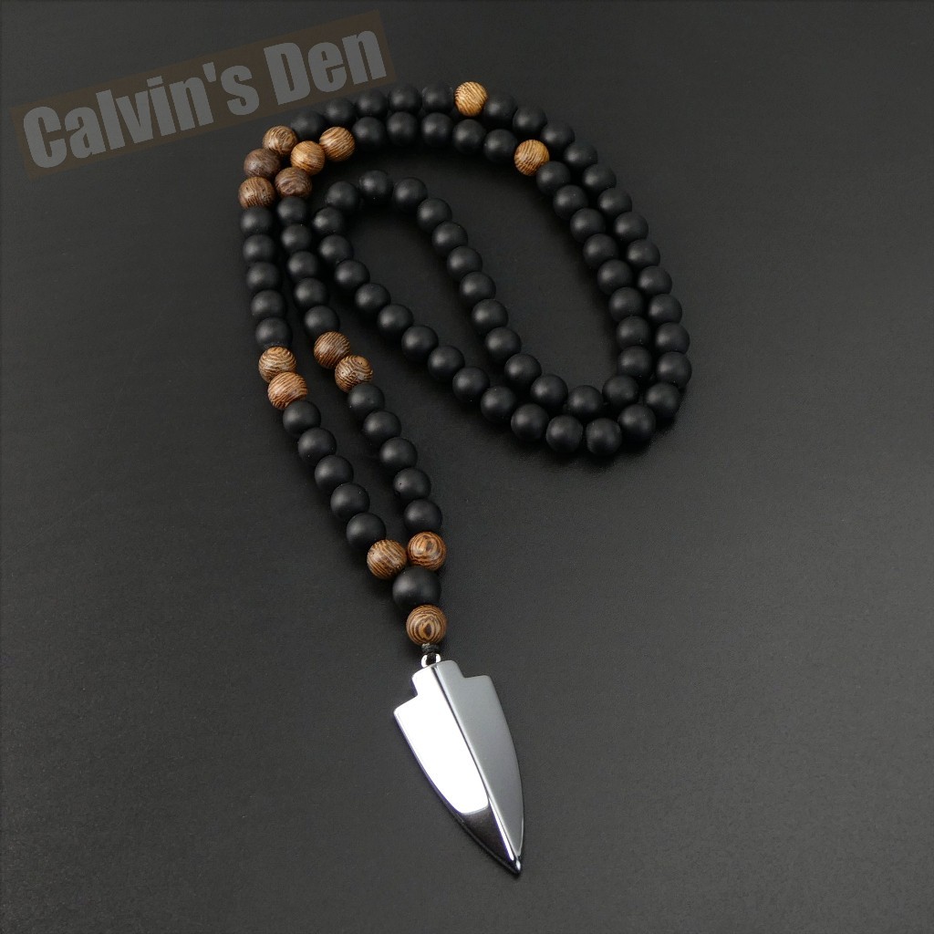 Matte Black Onyx Wenge Wood Bead Hematite Arrowhead Pendant 28” Long Necklace