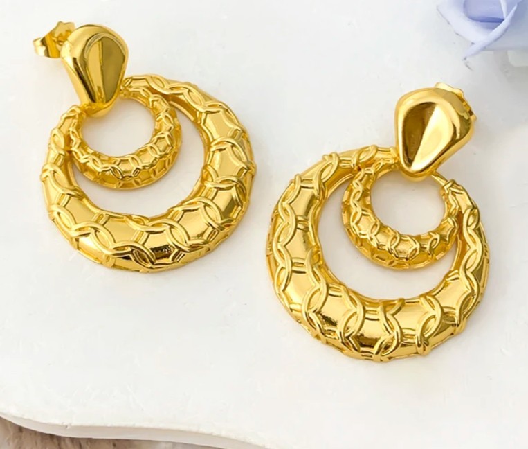 45cm African Dubai 18K Gold Plated Bridal Double Layer Earrings Pendant Necklace