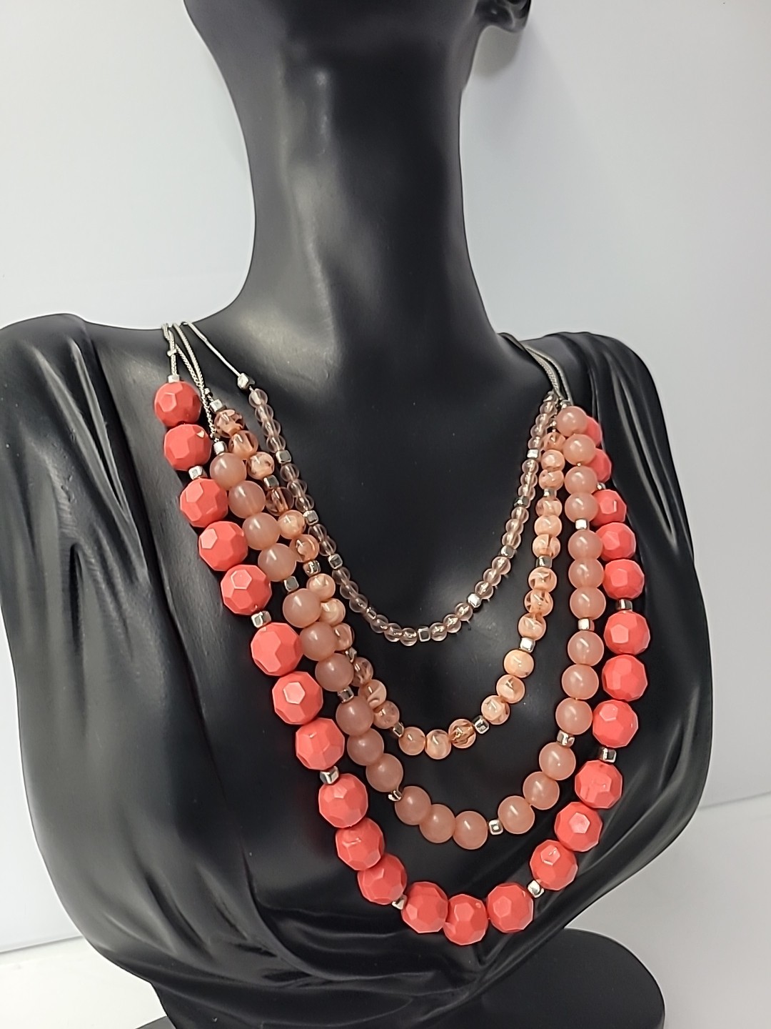 Multi Strand Coral Peach Beaded Statement Necklace Layered Fashion Jewelry