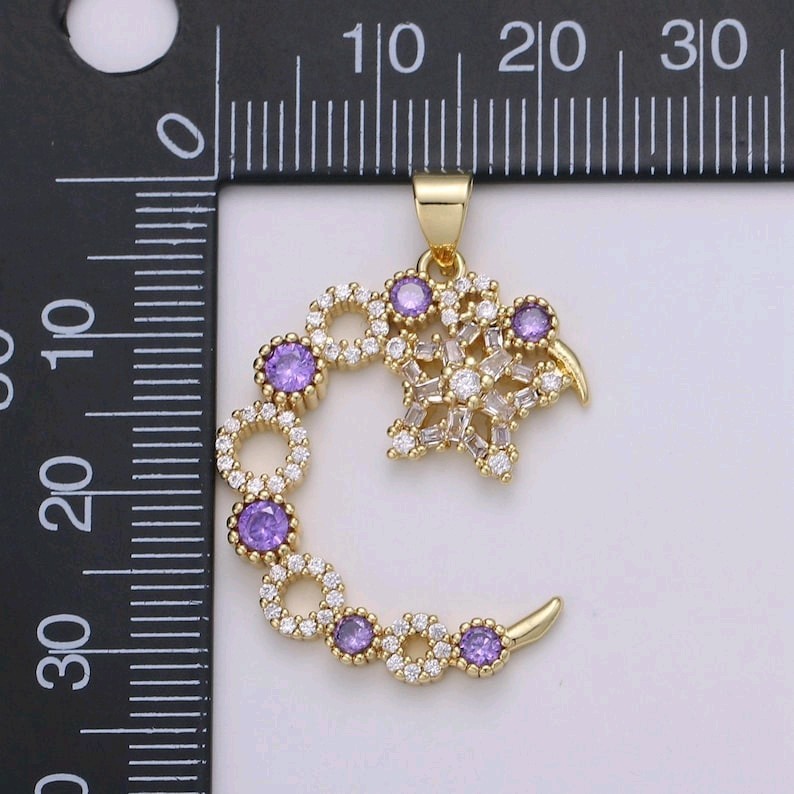 24k Gold Micro Pave CZ Star, Purple CZ & Crescent Moon Pendant DIY Jewelry Charm