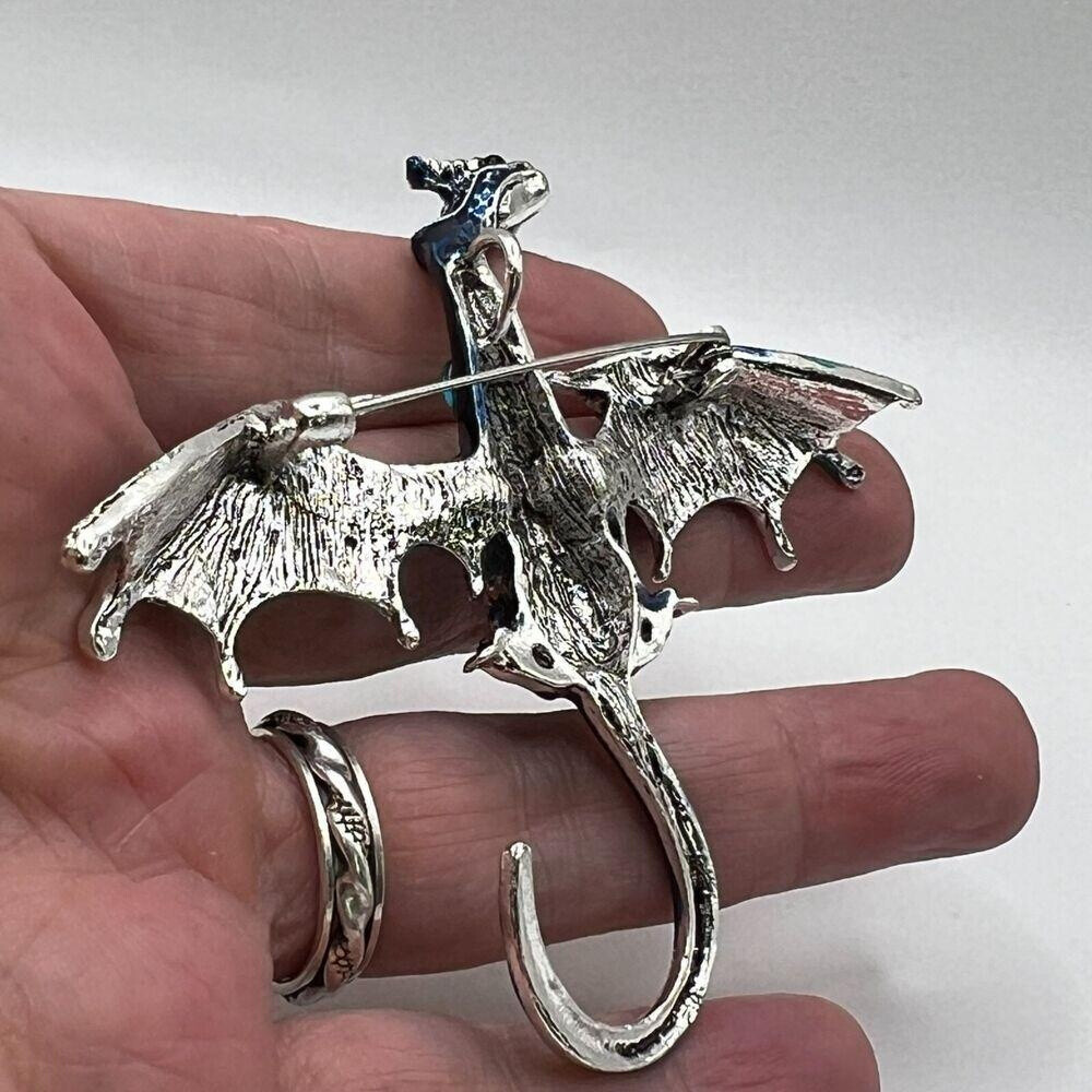 DRAGON BROOCH Pin Pendant Blue Rhinestone Enamel Silvery Tone Costume Jewelry