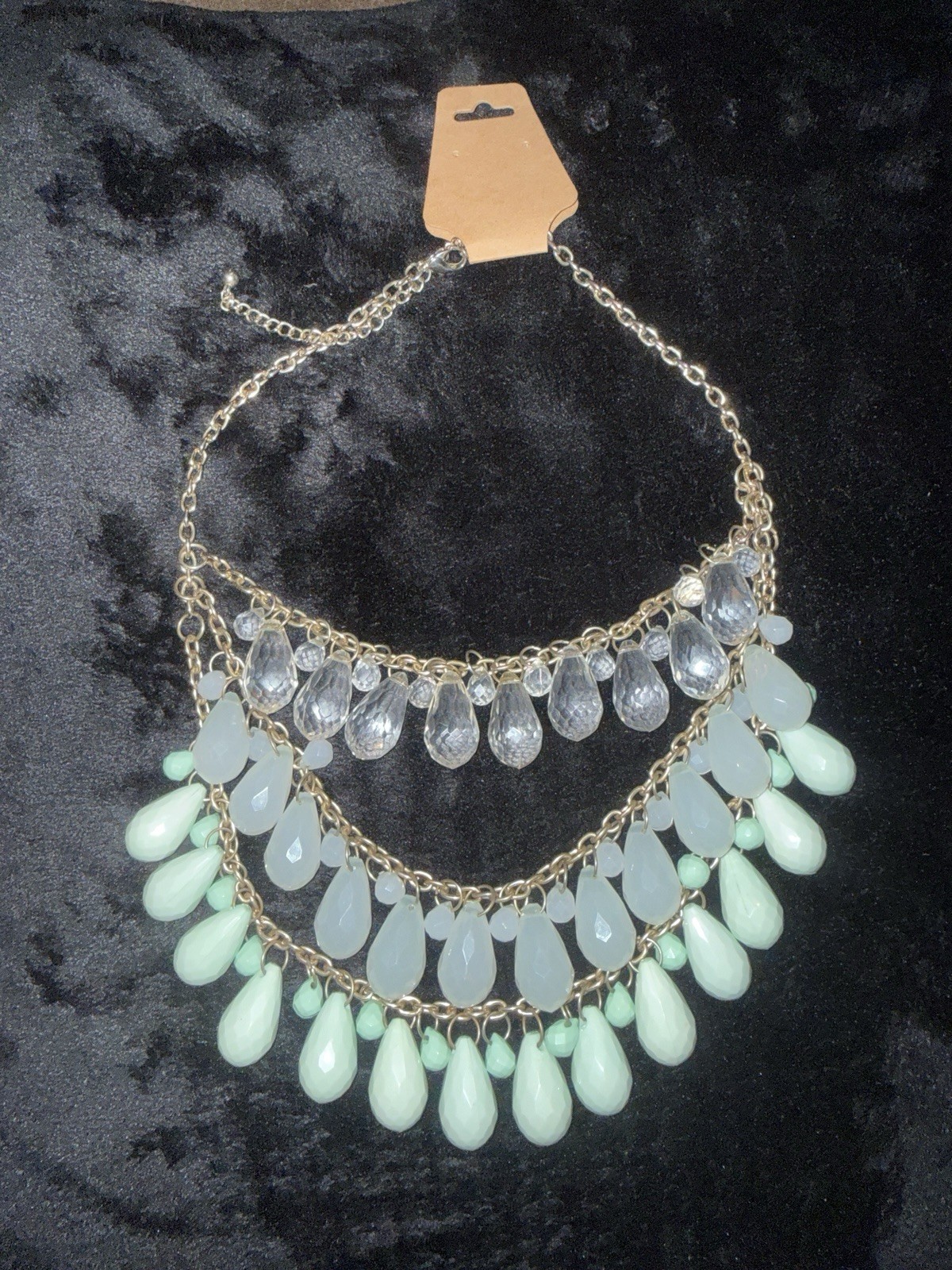 Statement Bib Necklace Mint, Multi Tone Multi-Strand Gold Chain Teardrop Dangles