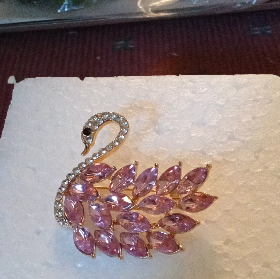 Gold Tone Rhinestone Swan Bird Brooch Pin, Pink Marquise Stones