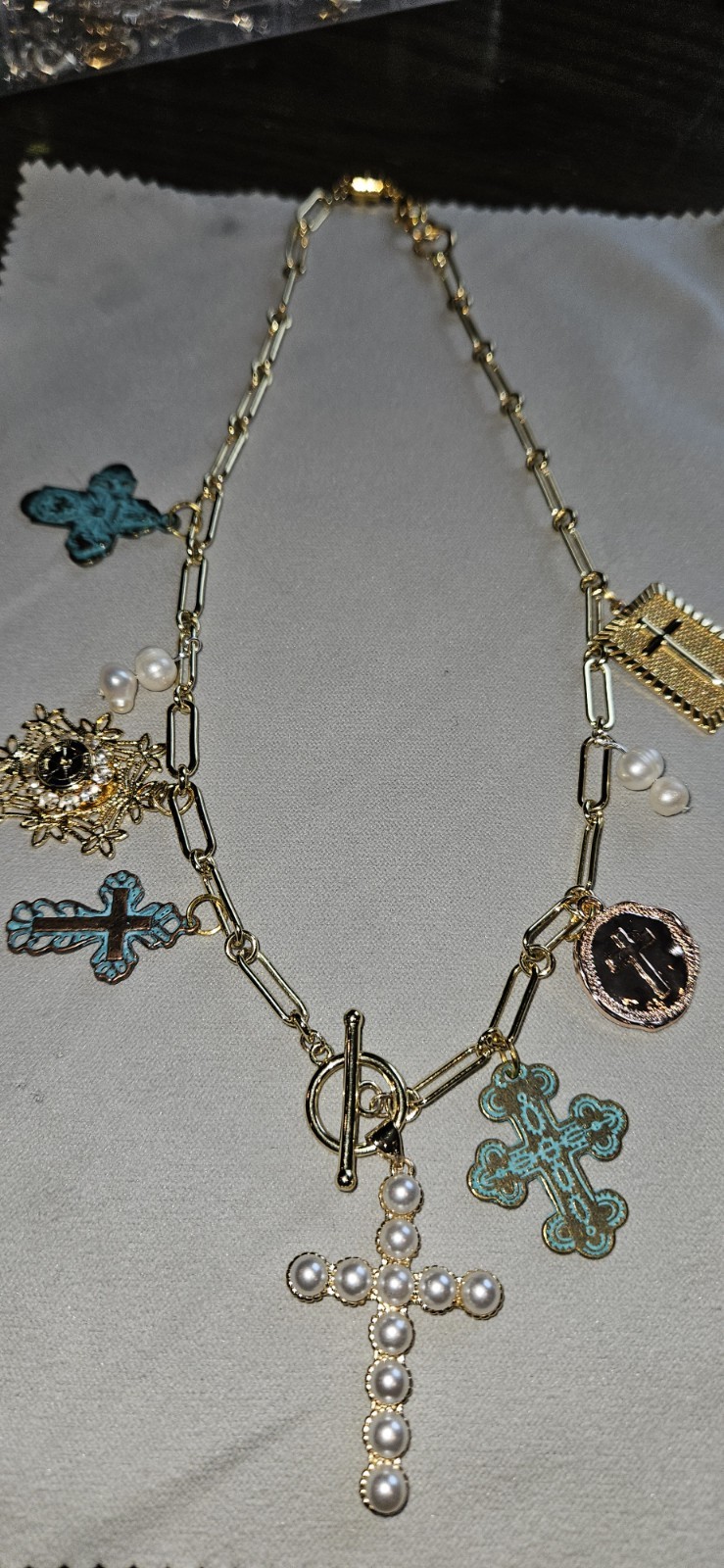 Gold Tone Bar Link Charm Necklace Pearl & Crystal Cross Pendant Toggle