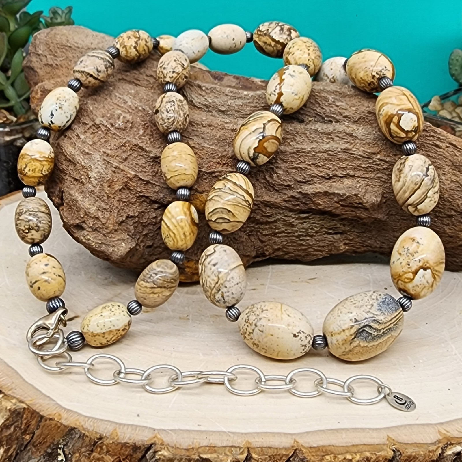 Carolyn Pollack 925 SS 9.1-16.1mm Graduated Jasper Bead 22″ Necklace + 4″ ext