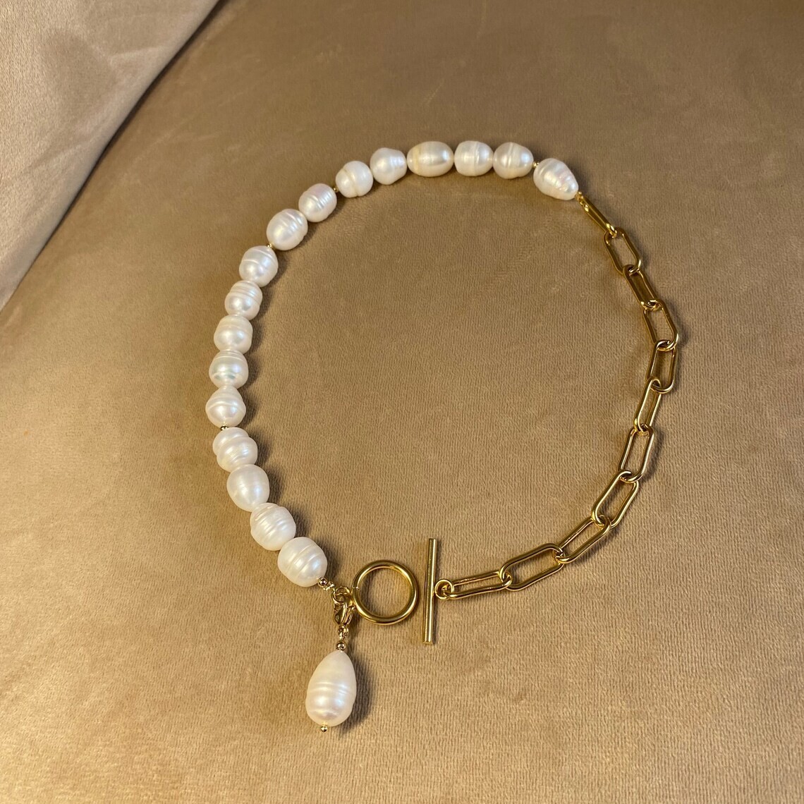 Half Baroque Pearl & Half Chain Necklace For Women