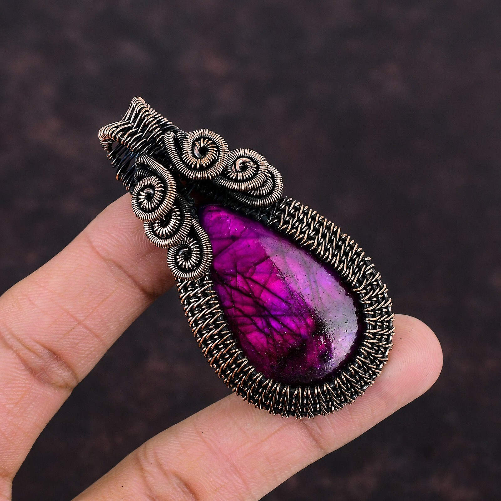 Pink Fire Labradorite Wire Wrapped Pendant Handcrafted Copper Dailywear 2.76″