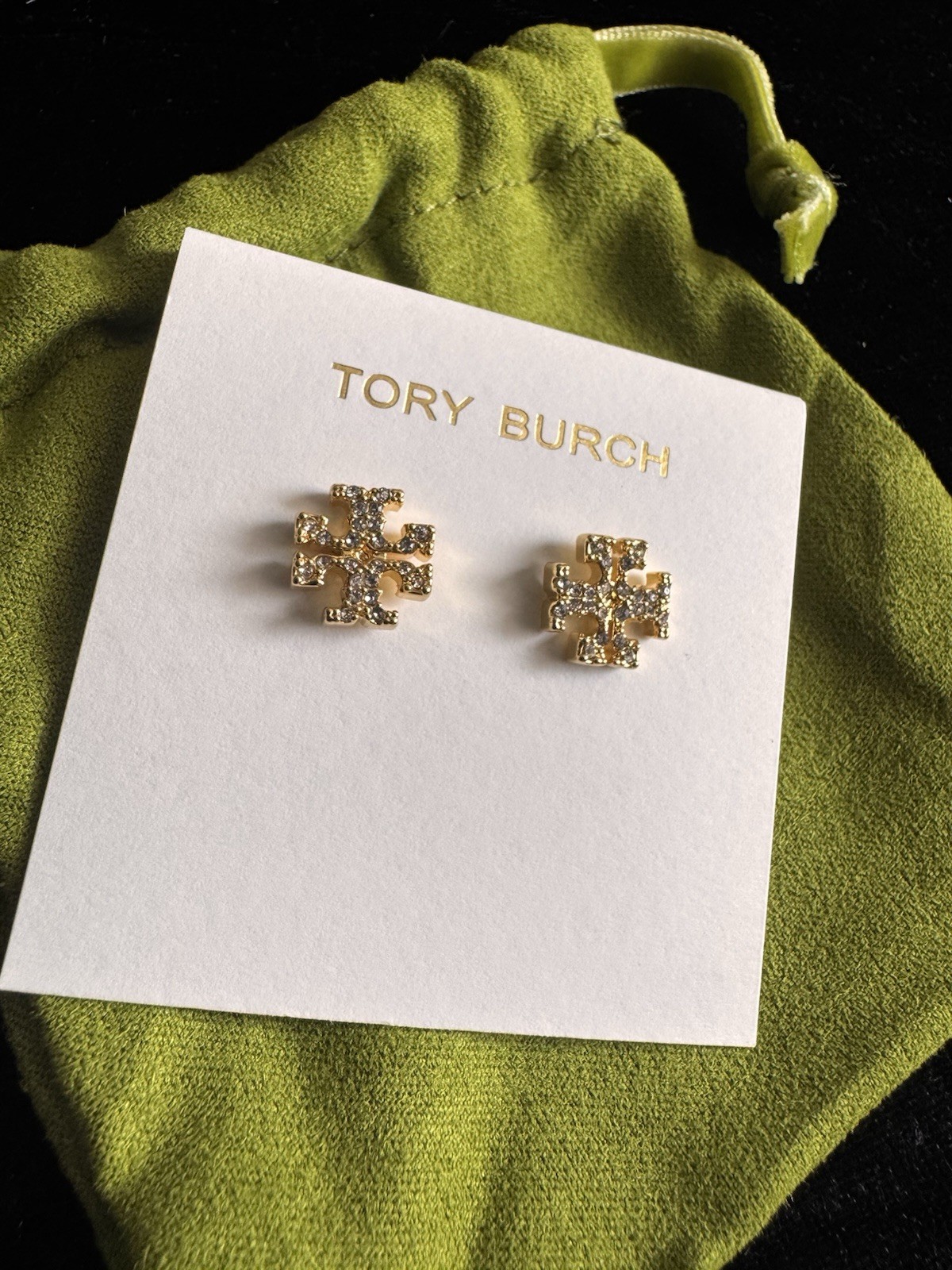TORY BURCH KIRA CRYSTAL LOGO STUD EARRINGS Gold – Holiday Christmas Gift for Her
