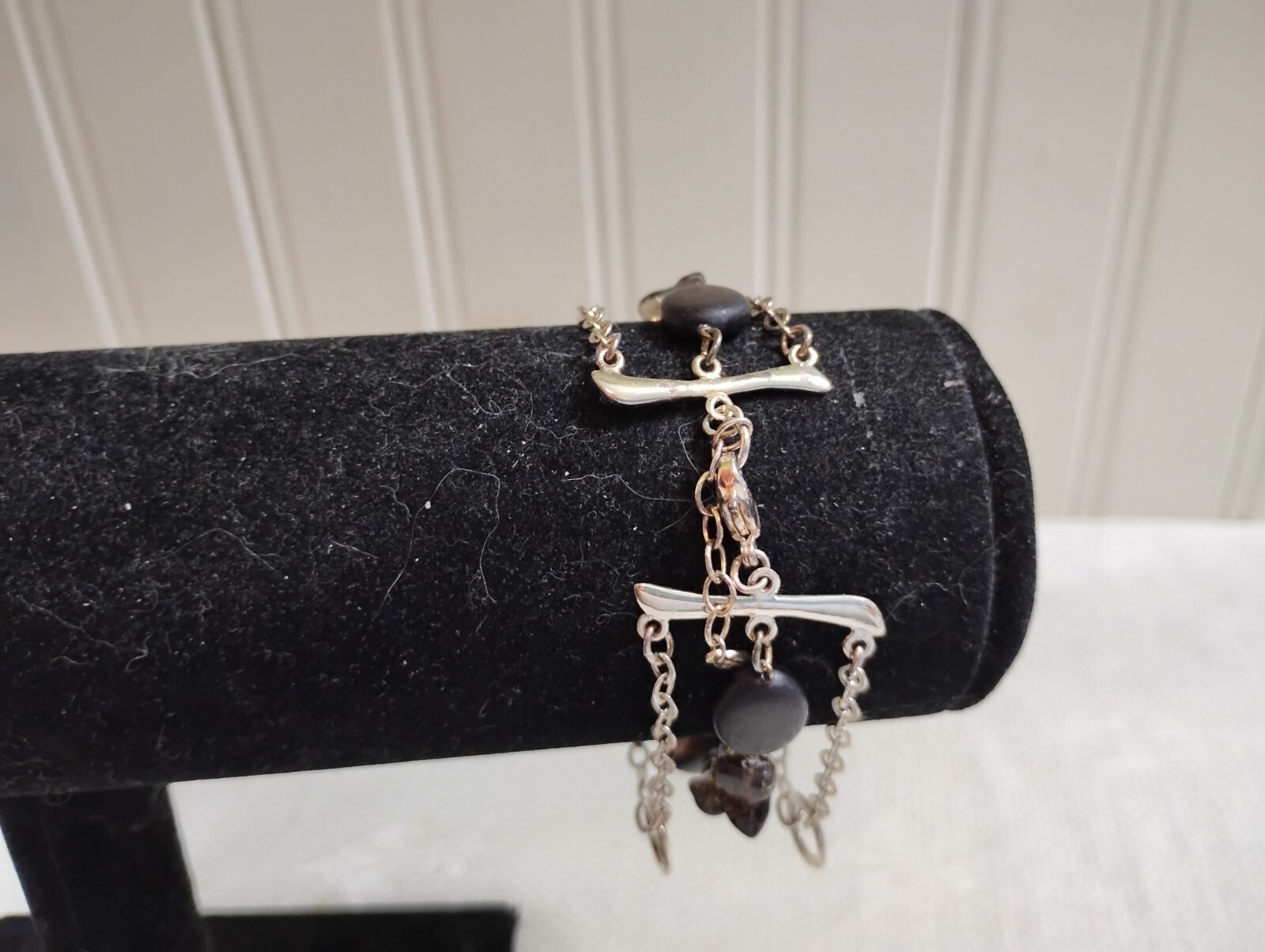 MWS Sri Lanka 925 Sterling Silver 3 Strand Black Glass Bead 8.5″ Bracelet