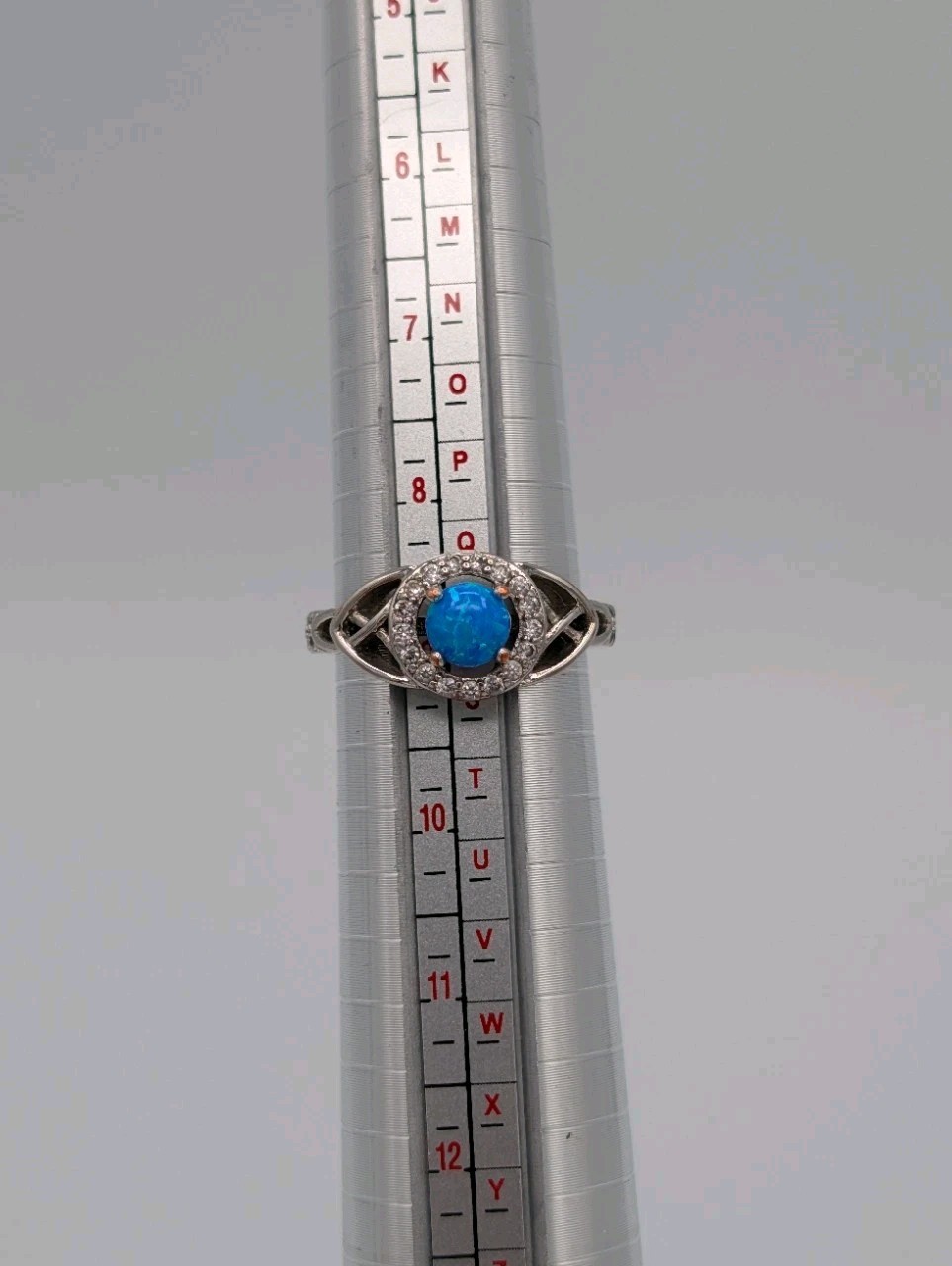Synthetic Opal Cabochon CZ Halo Ring Trinity Celtic Band Silver Toned Plated