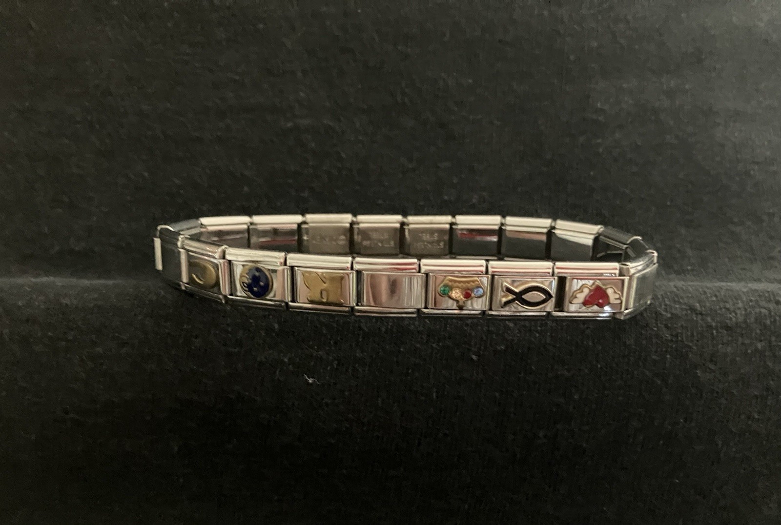 Stainless Steel Silver Tone Italian Modular Link Charm Bracelet Stretch 7-7.5″